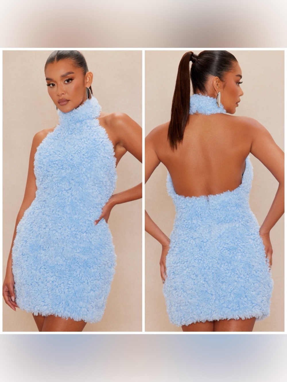 Fashion Nova Luxe Arden Sherpa Fur Halter Mini Dress Light Blue Size 1X XL